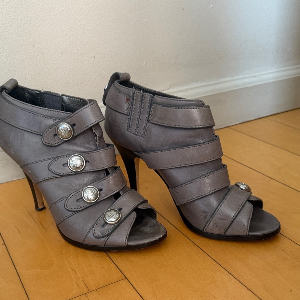 Coach Gray leather Women's Peep-Toe Ankle Boots with silver hardware - Picture 6 of 10